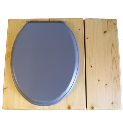 Toilette sèche huilée avec bac à copeaux de bois à droite, bavette inox, seau plastique 22L, abattant gris