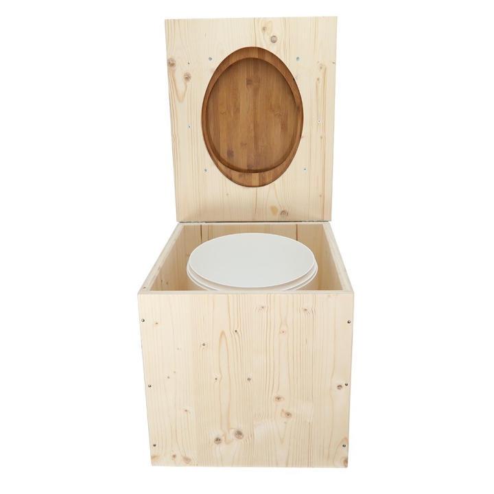  Toilette sèche en bois avec seau 18L plastique et abattant bambou