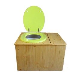 Toilette sèche huilée avec bac à copeaux de bois à droite, bavette inox, seau plastique 22L, abattant vert