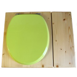 Toilette sèche huilée avec bac à copeaux de bois à droite, bavette inox, seau plastique 22L, abattant vert