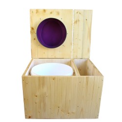Toilette sèche huilée avec bac à copeaux de bois à droite, bavette inox, seau plastique 22L, abattant violet