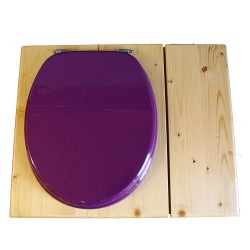 Toilette sèche huilée avec bac à copeaux de bois à droite, bavette inox, seau plastique 22L, abattant violet