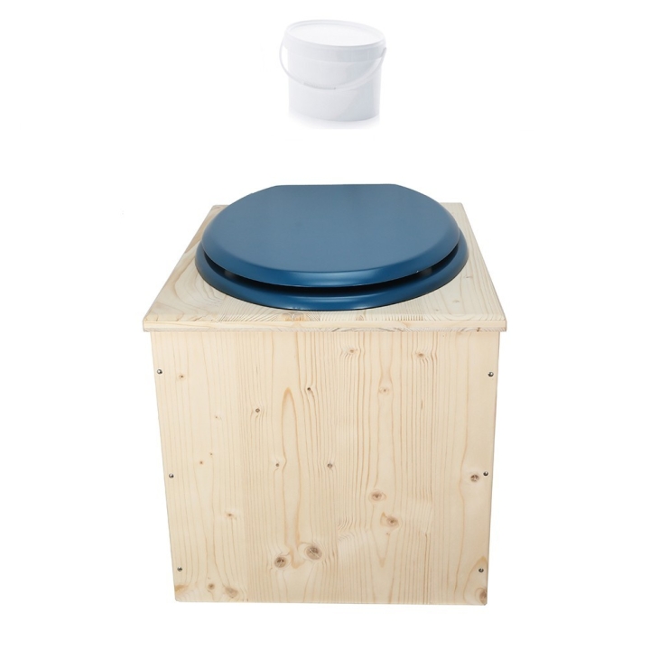 Toilette sèche en bois avec seau 18L et abattant bleu nuit