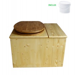Toilette sèche huilée avec bac à copeaux de bois à droite, seau 18L, abattant bambou