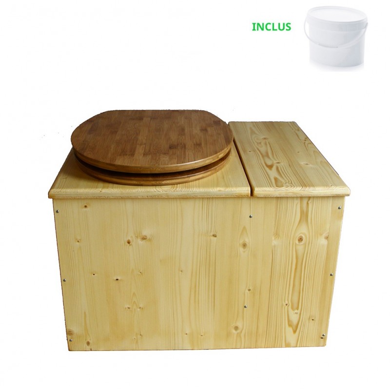 Toilette sèche huilée avec bac à copeaux de bois à droite, seau 18L, abattant bambou