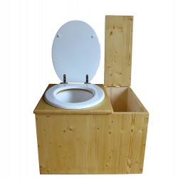 Toilette sèche huilée avec bac à copeaux de bois à droite, seau 18L, abattant blanc