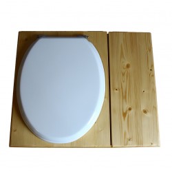 Toilette sèche huilée avec bac à copeaux de bois à droite, seau 18L, abattant blanc