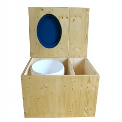 Toilette sèche huilée avec bac à copeaux de bois à droite, seau 18L, abattant bleu