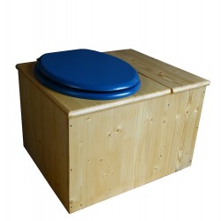 Toilette sèche huilée avec bac à copeaux de bois à droite, seau 18L, abattant bleu