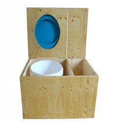 Toilette sèche huilée avec bac à copeaux de bois à droite, seau 18L, abattant bleu turquoise