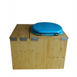 Toilette sèche huilée avec bac à copeaux de bois à droite, seau 18L, abattant bleu turquoise