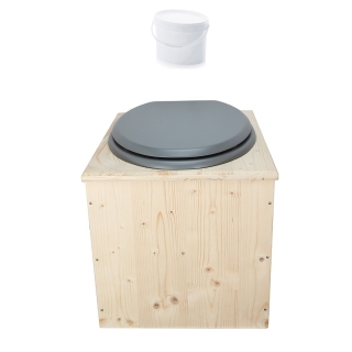 Toilette sèche en bois avec seau 18L plastique et abattant gris