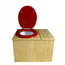 Toilette sèche huilée avec bac à copeaux de bois à droite, seau 18L, abattant rouge