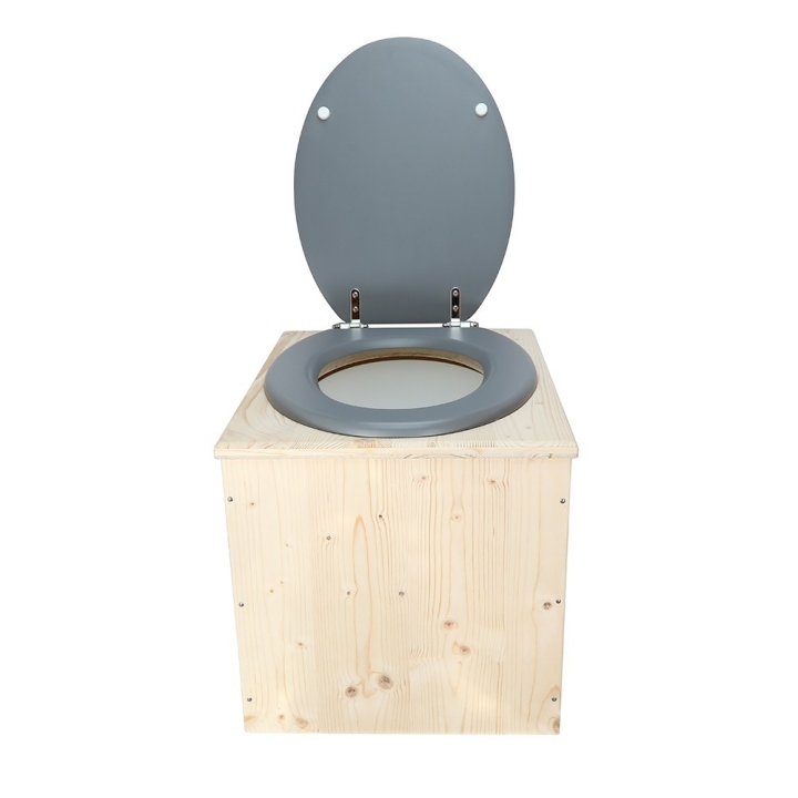  Toilette sèche en bois avec seau 18L plastique et abattant gris