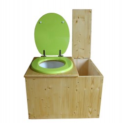 Toilette sèche huilée avec bac à copeaux de bois à droite, seau 18L, abattant vert