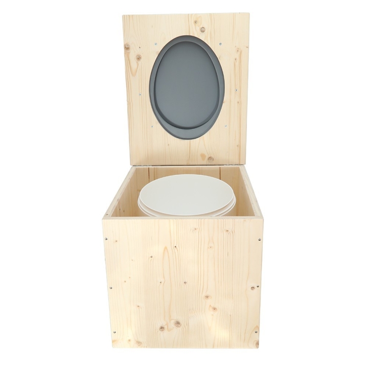  Toilette sèche en bois avec seau 18L plastique et abattant gris