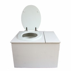 Toilette sèche blanche avec bac à copeaux de bois à droite, bavette inox et seau 22L, abattant blanc