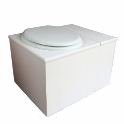 Toilette sèche blanche avec bac à copeaux de bois à droite, bavette inox et seau 22L, abattant blanc