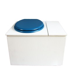 Toilette sèche blanche avec bac à copeaux de bois à droite, bavette inox et seau 22L, abattant bleu