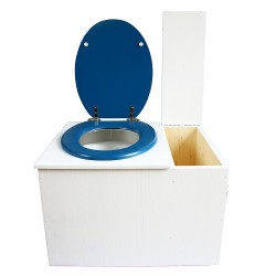 Toilette sèche blanche avec bac à copeaux de bois à droite, bavette inox et seau 22L, abattant bleu