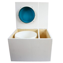 Toilette sèche blanche avec bac à copeaux de bois à droite, avec bavette inox et seau 22 litres, abattant turquoise.