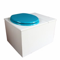 Toilette sèche blanche avec bac à copeaux de bois à droite, avec bavette inox et seau 22 litres, abattant turquoise.