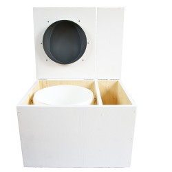 Toilette sèche blanche avec bac à copeaux de bois à droite, avec bavette inox et seau 22 litres, abattant gris