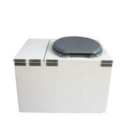 Toilette sèche blanche avec bac à copeaux de bois à droite, avec bavette inox et seau 22 litres, abattant gris
