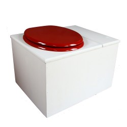 Toilette sèche blanche avec bac à copeaux de bois à droite, avec bavette inox et seau 22 litres, abattant rouge