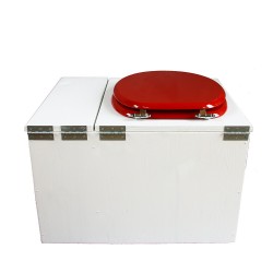 Toilette sèche blanche avec bac à copeaux de bois à droite, avec bavette inox et seau 22 litres, abattant rouge