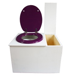 Toilette sèche blanche avec bac à copeaux de bois à droite, avec bavette inox et seau 22 litres, abattant violet