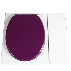 Toilette sèche blanche avec bac à copeaux de bois à droite, avec bavette inox et seau 22 litres, abattant violet