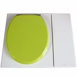 Toilette sèche blanche avec bac à copeaux de bois à droite, avec bavette inox et seau 22 litres, abattant vert