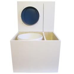 Toilette sèche rehaussée en bois blanc avec bac intégré à droite. Livré avec bavette inox et seau 22 litres. abattant bleu