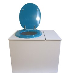 Toilette sèche rehaussée en bois blanc avec bac intégré à droite. Livré avec bavette inox et seau 22 litres. abattant turquoise