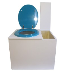 Toilette sèche rehaussée en bois blanc avec bac intégré à droite. Livré avec bavette inox et seau 22 litres. abattant turquoise