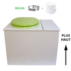 Toilette sèche rehaussée en bois blanc avec bac intégré à droite. Livré avec bavette inox et seau 22 litres. abattant vert