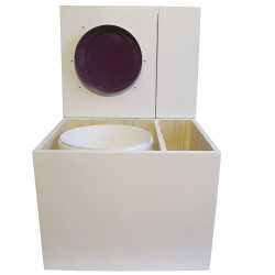 Toilette sèche rehaussée en bois blanc avec bac intégré à droite. Livré avec bavette inox et seau 22 litres. abattant violet