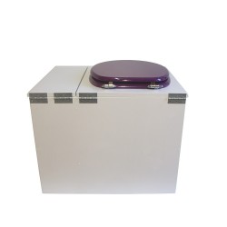 Toilette sèche rehaussée en bois blanc avec bac intégré à droite. Livré avec bavette inox et seau 22 litres. abattant violet