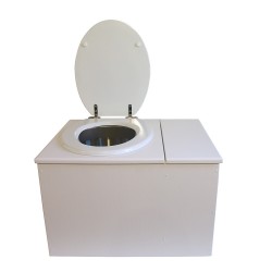 Toilette sèche en bois blanc avec bac à copeaux de bois à droite. Livré avec bavette inox et seau inox, abattant blanc