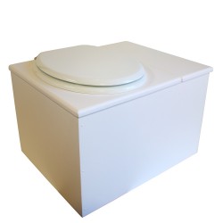 Toilette sèche en bois blanc avec bac à copeaux de bois à droite. Livré avec bavette inox et seau inox, abattant blanc