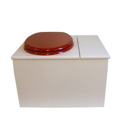 Toilette sèche en bois blanc avec bac à copeaux de bois à droite. Livré avec bavette inox et seau inox, abattant rouge