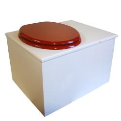 Toilette sèche en bois blanc avec bac à copeaux de bois à droite. Livré avec bavette inox et seau inox, abattant rouge