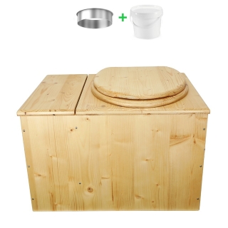 Toilette sèche avec bac à copeaux de bois huilé. Livré complet avec bavette inox et seau 20 litres