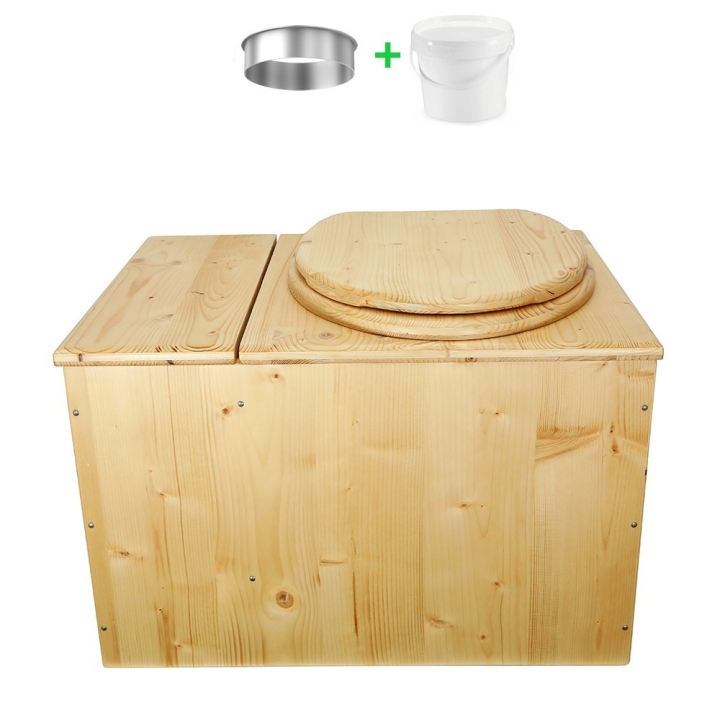Toilette sèche avec bac à copeaux de bois huilé. Livré complet avec bavette inox et seau 20 litres