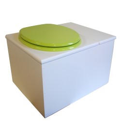 Toilette sèche en bois blanc avec bac à copeaux de bois à droite. Livré avec bavette inox et seau inox, abattant vert