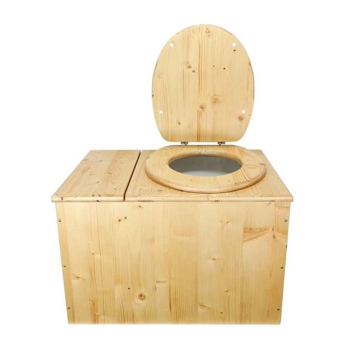  Toilette sèche avec bac à copeaux de bois huilé. Livré complet avec bavette inox et seau 20 litres