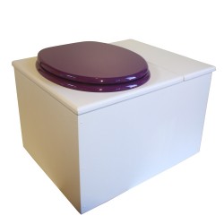 Toilette sèche en bois blanc avec bac à copeaux de bois à droite. Livré avec bavette inox et seau inox, abattant violet
