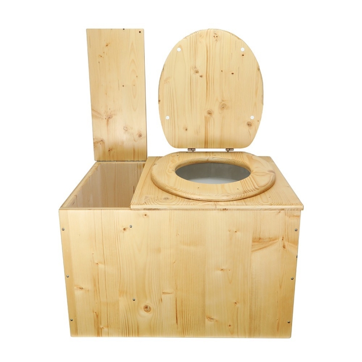  Toilette sèche avec bac à copeaux de bois huilé. Livré complet avec bavette inox et seau 20 litres
