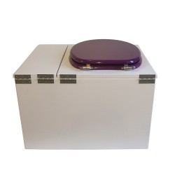 Toilette sèche en bois blanc avec bac à copeaux de bois à droite. Livré avec bavette inox et seau inox, abattant violet